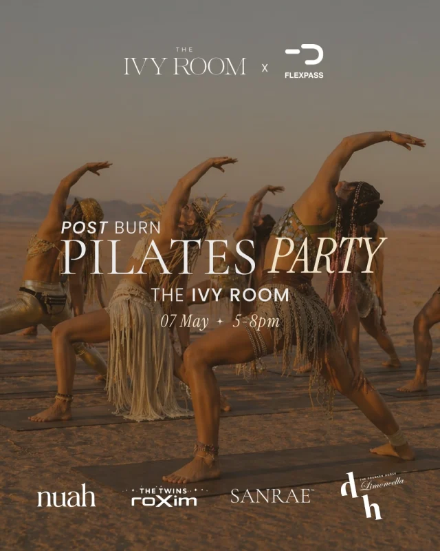 Something is burning… 

First Thursdays, with a Post-Burn twist.

The Ivy Room x FlexPass bring you a Pilates Party - where sculpt meets sound and the energy shifts as the sun goes down.

✨ Energise Reformer + Sculpt Mat classes
🎧 Beats by The twins roXim
🍸 Cocktails & mocktails by The Drunken Horse
⚡ Electrolytes by Sanrae
🍴 Bites by Nuah

Move with us… then stay, because the party doesn’t end when the class does.

Think golden hour in the desert.
A touch of dust. A lot of sparkle.

Dress up. Show out. 
BEST DRESSED WINS🪩

Are you ready?

07 May | 5–8PM
Limited spots available
8 Reformer | 12 Mat

Bookings via the Flexpass app or The Ivy Room app🔗