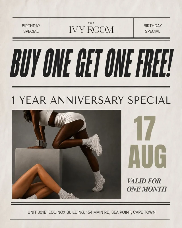 🎂 WE’RE ONE! 🎂

One whole year of movement, mindfulness, community… and a whole lot of Pilates 🤍

To celebrate The Ivy Room’s 1st birthday, we’re sharing the love with a little birthday treat:

BUY ONE DROP-IN, GET ONE FREE ✨

Bring your bestie, your Pilates partner, your work wife, your mom — or simply gift the extra class to yourself. We won’t judge 😉

Available on Mat + Reformer drop-ins from
17 August – 17 September 2026

Because birthdays are better when we celebrate together. 

Book via The Ivy Room app and come move with us.

Offer applies to drop-in classes only.

#CapeTownPilates #SeaPointPilates #PilatesCapeTown #ReformerPilates #MatPilates