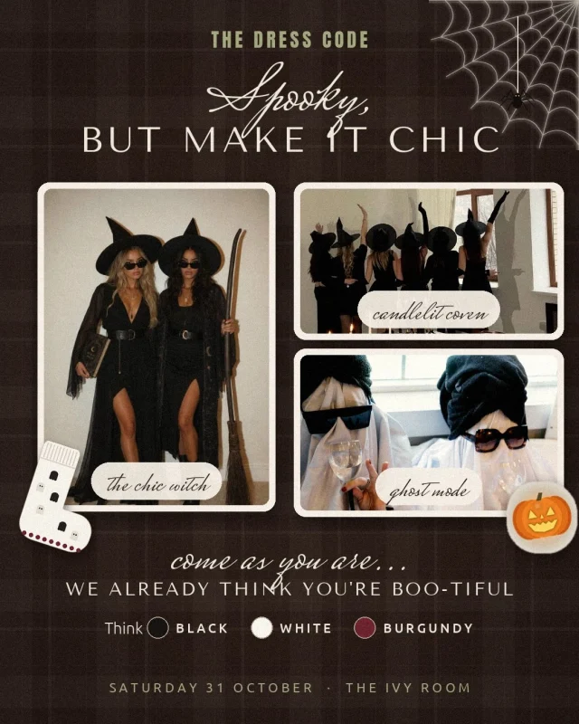 THE THEME IS OUT 🕸️🖤

Spooky, but make it chic. 

Saturday, 31 October, The Ivy Room is going full Halloween, and we want to see you dressed for it.

Swipe for seven looks to inspire your fit 👇

🧹 The Witch: black set, flare leggings + a witch hat

🎃 The Pumpkin: rust set + your best jack-o’-lantern energy

💀 The Skeleton: bone-print everything

👻 The Ghost: all white, black shades

🩸 The Vampire: burgundy set + a dramatic cape

🐈‍⬛ The Black Cat: black jumpsuit + ears

🦢 The Black Swan: black jumpsuit, wrap top + tiara

The only rule? Think black, white and burgundy, add Halloween socks and a little spooky flair. 
Come as you are… we already think you’re BOO-tiful.
Costumes encouraged. Good form required. 😉

Tell us which look you’re wearing in the comments 👇

Saturday 31 October | The Ivy Room
Book your spot via the app 🖤

#reformerpilates #matpilates #pilatesstudio #halloweenpilates #capetownpilates